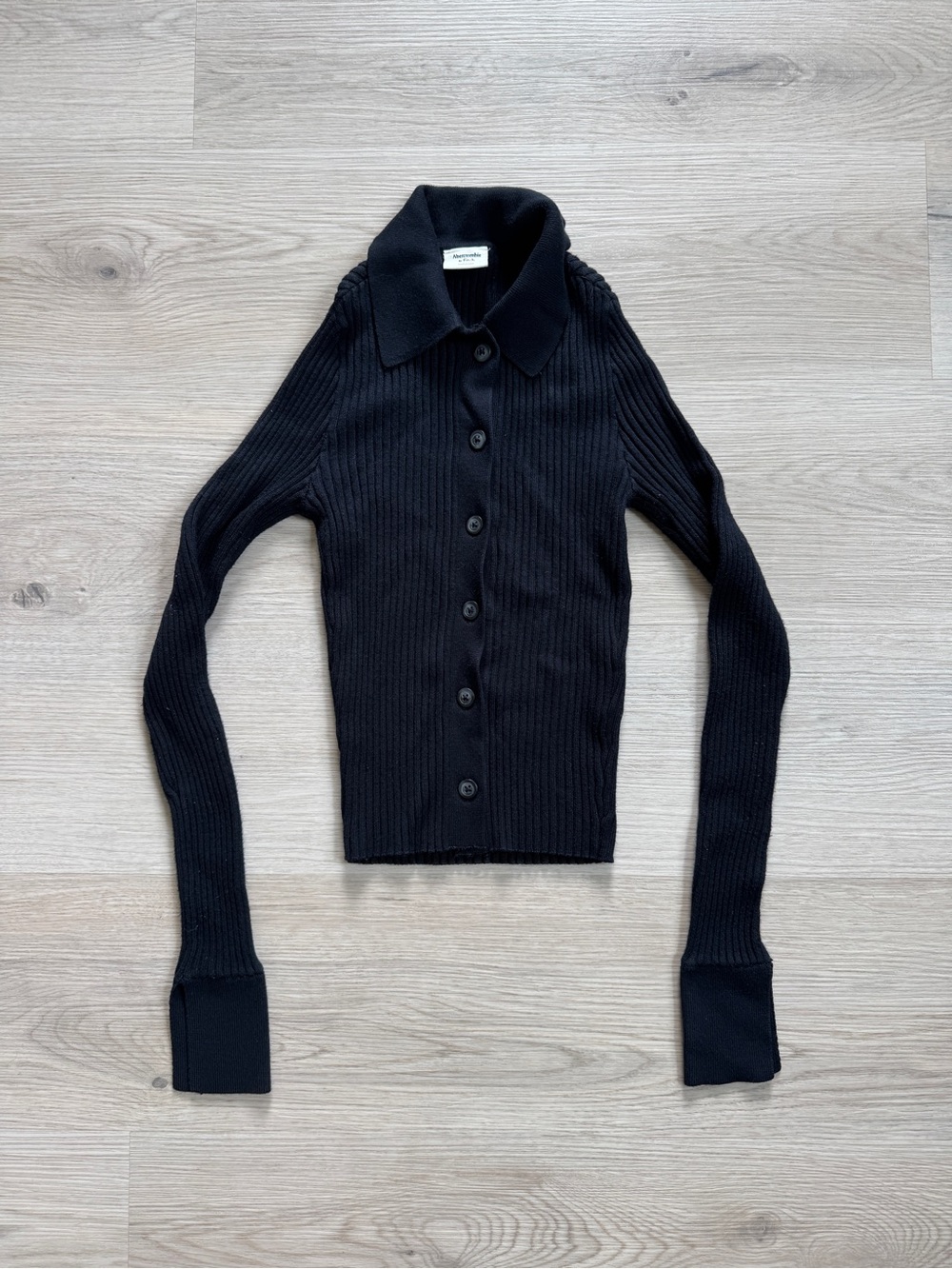 Abercrombie & Fitch Black Ribbed Button-Front Collared Cardigan